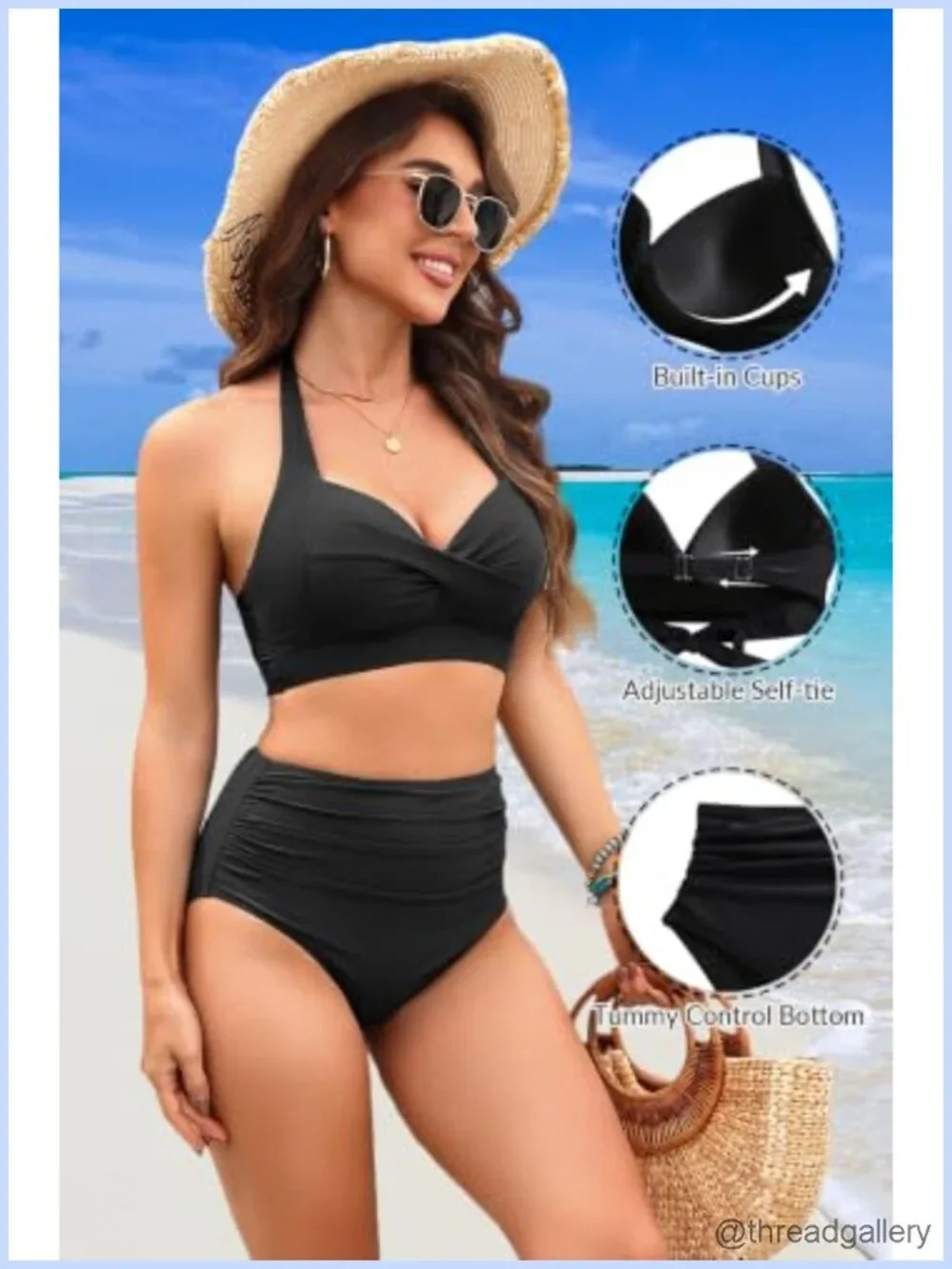 Two Piece High Waisted Bikini Set with Padded Push-Up Bra and Adjustable Straps